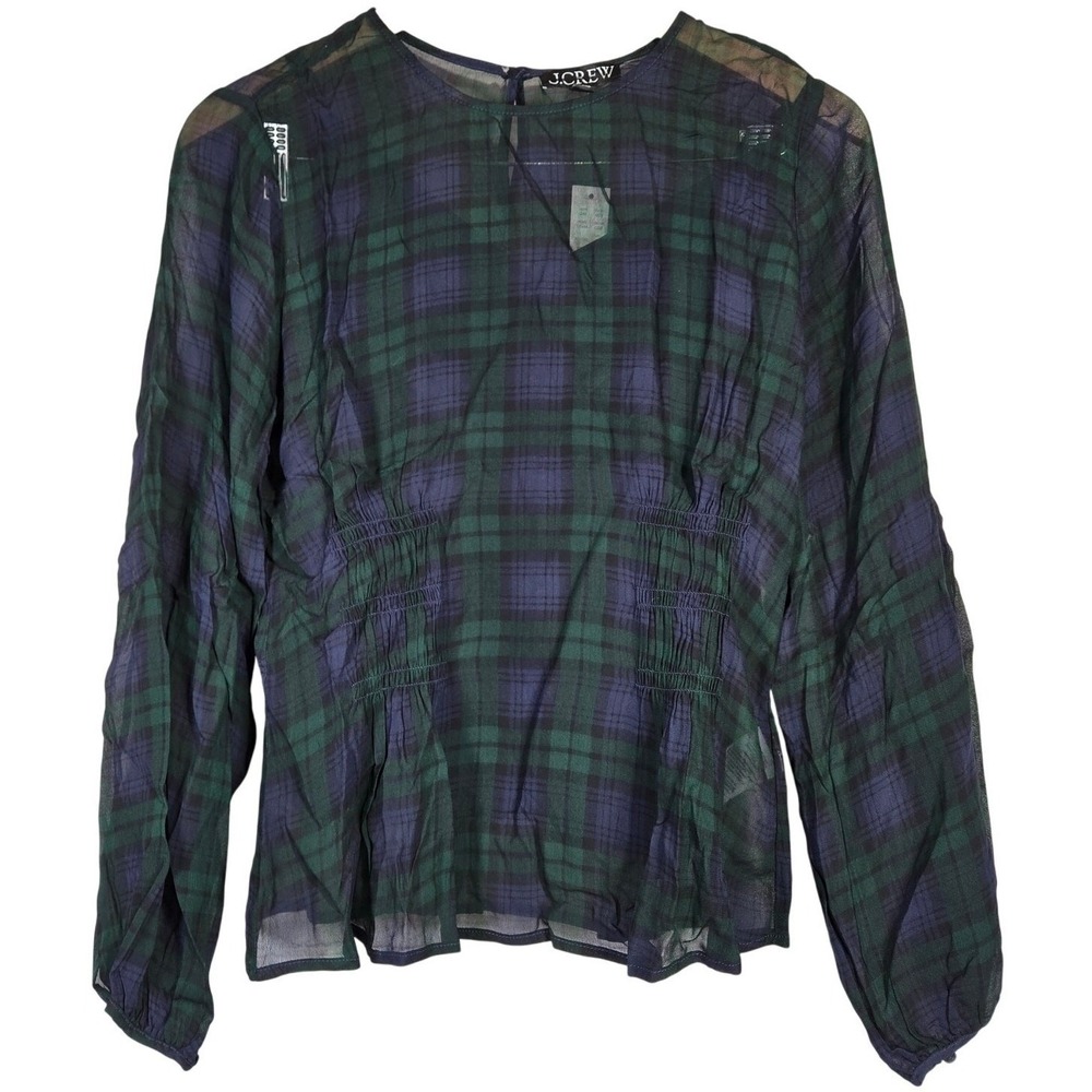 J. Crew Chiffon shirred-waist top in Black Watch tartan Cooper Green Blue 6 NWT